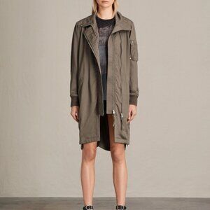 All Saints Oren Light Parka Small S Army Green Utility Field Jacket Zip Up Coat